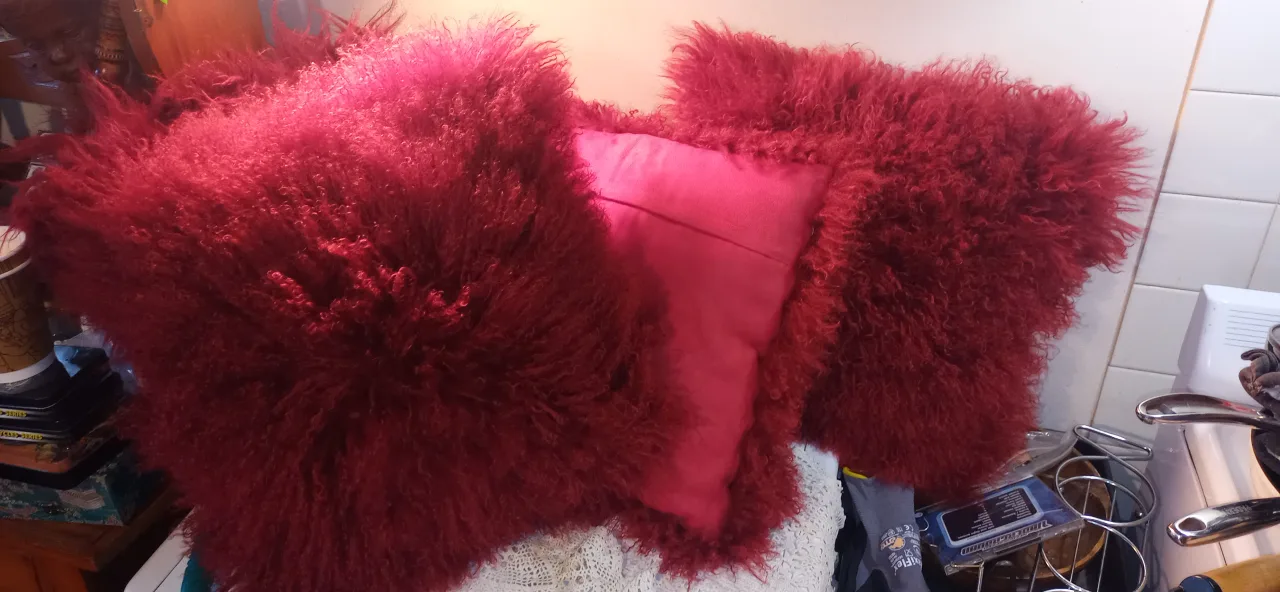 Mongolian Real lamb skin shag ruby red Throw Pillows image indicator(3)