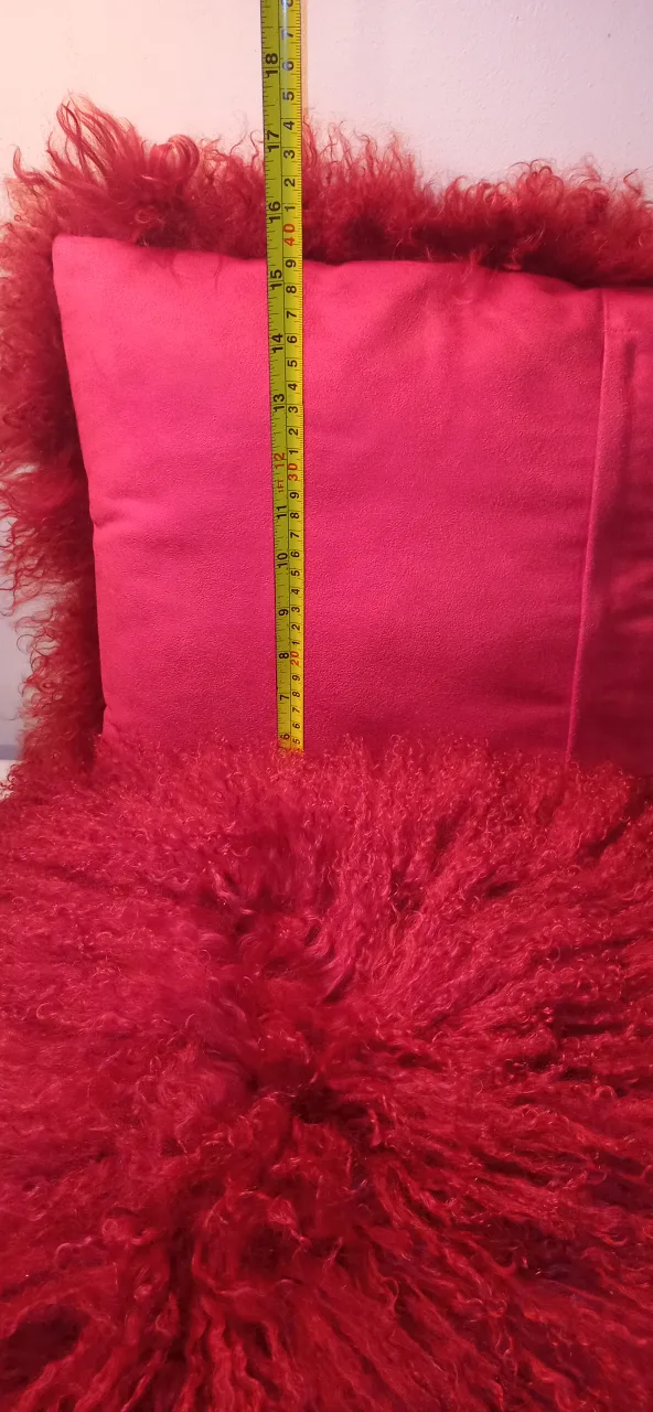 Mongolian Real lamb skin shag ruby red Throw Pillows image indicator(4)