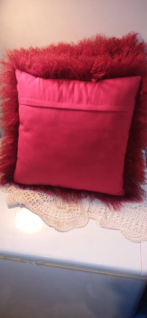 Mongolian Real lamb skin shag ruby red Throw Pillows image indicator(8)