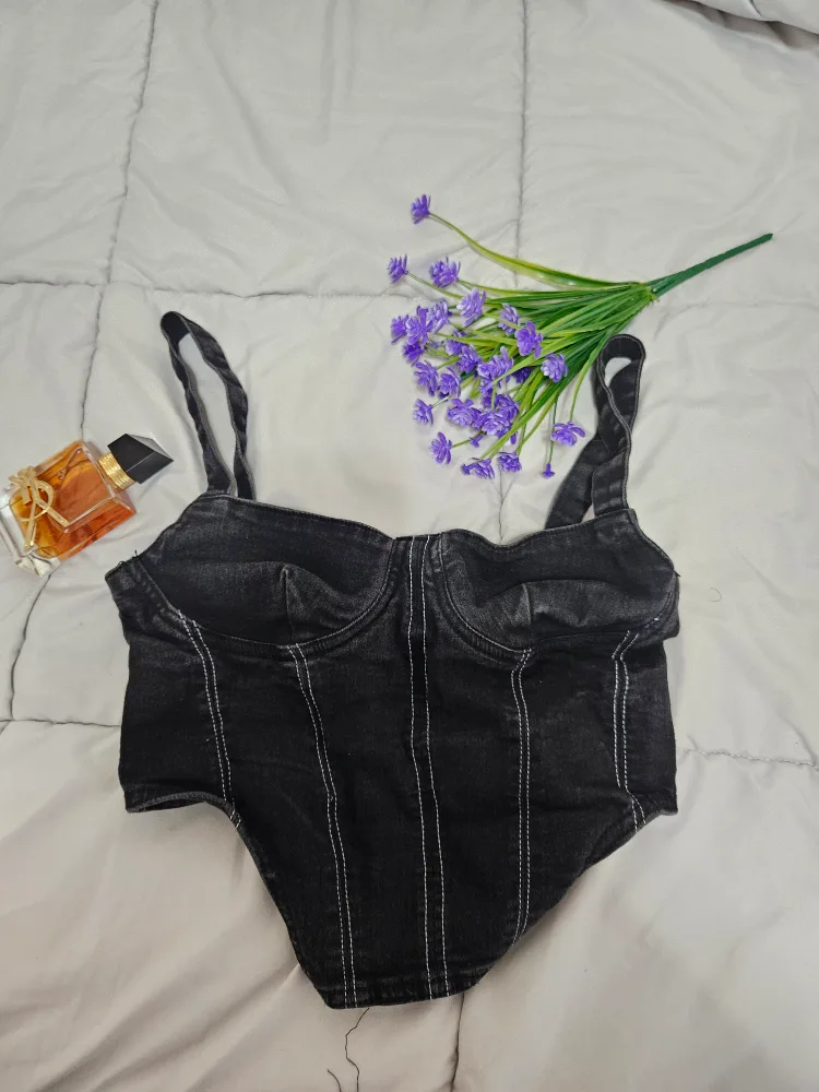 Zara Black Denim Corset Top - Size M thumbnail