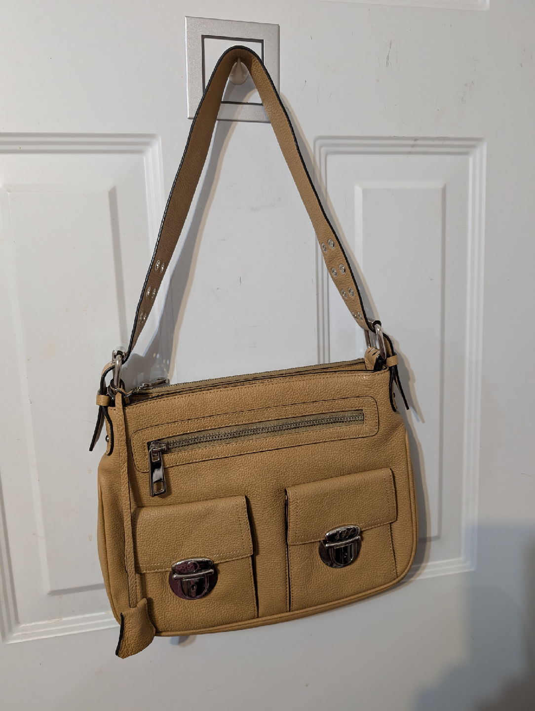 CNKW Beige Durable Leather Shoulder Bag (12"x9.5"x2")