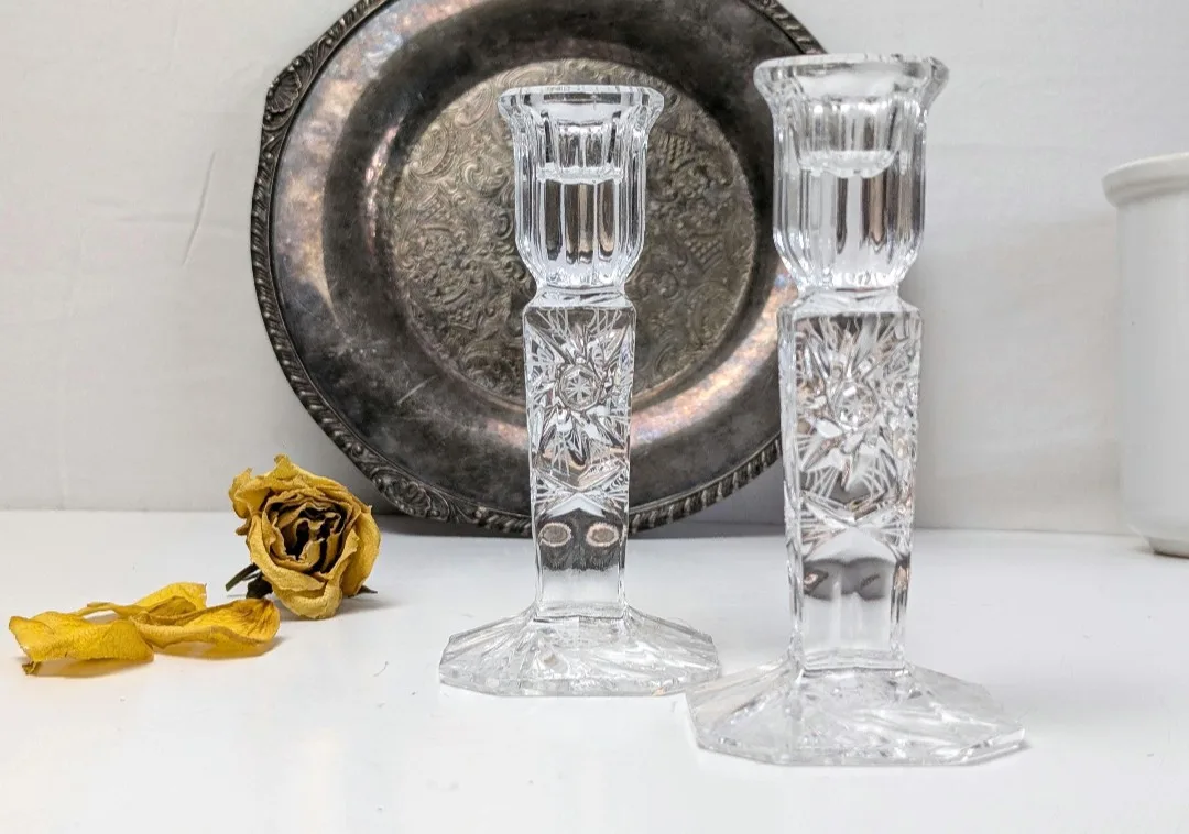 Crystal Candlestick Holders ~ Pinwheel Cut Crystal image indicator(7)