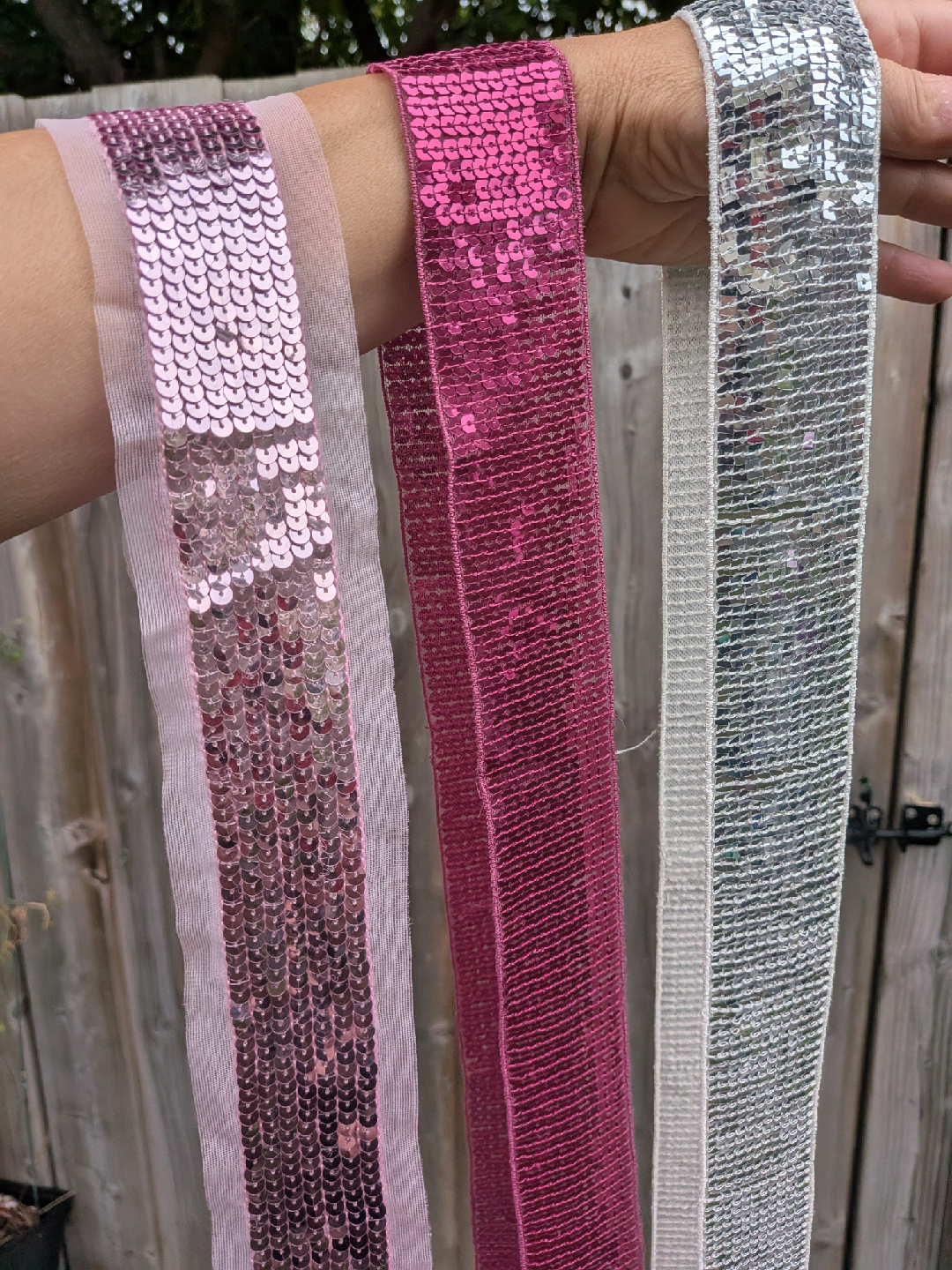 THREE long sequin hair ties, sashes, New, not used