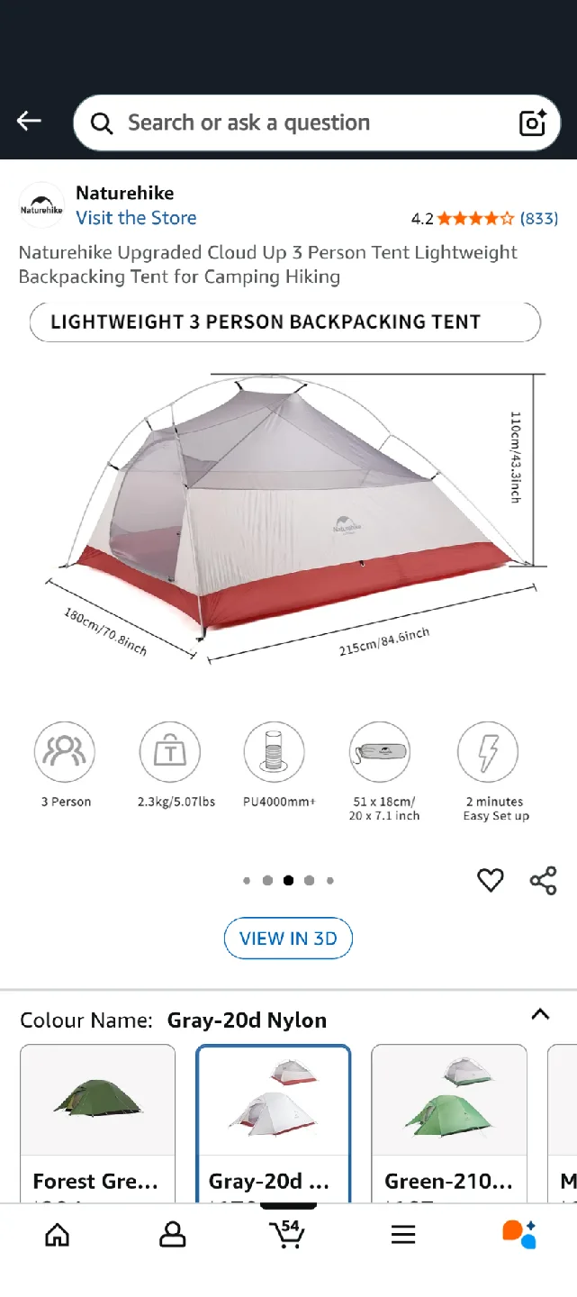 Naturehike Cloud Up 3 Person Tent - Gray image indicator(2)