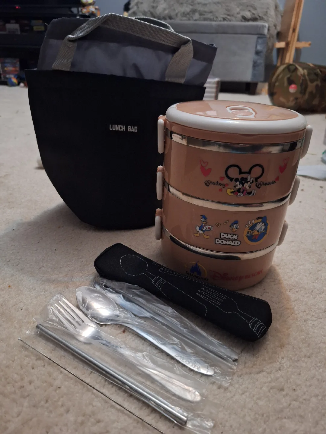 NEW Disney 3-Tier Lunch Box with Bag and Utensils 🍴 thumbnail
