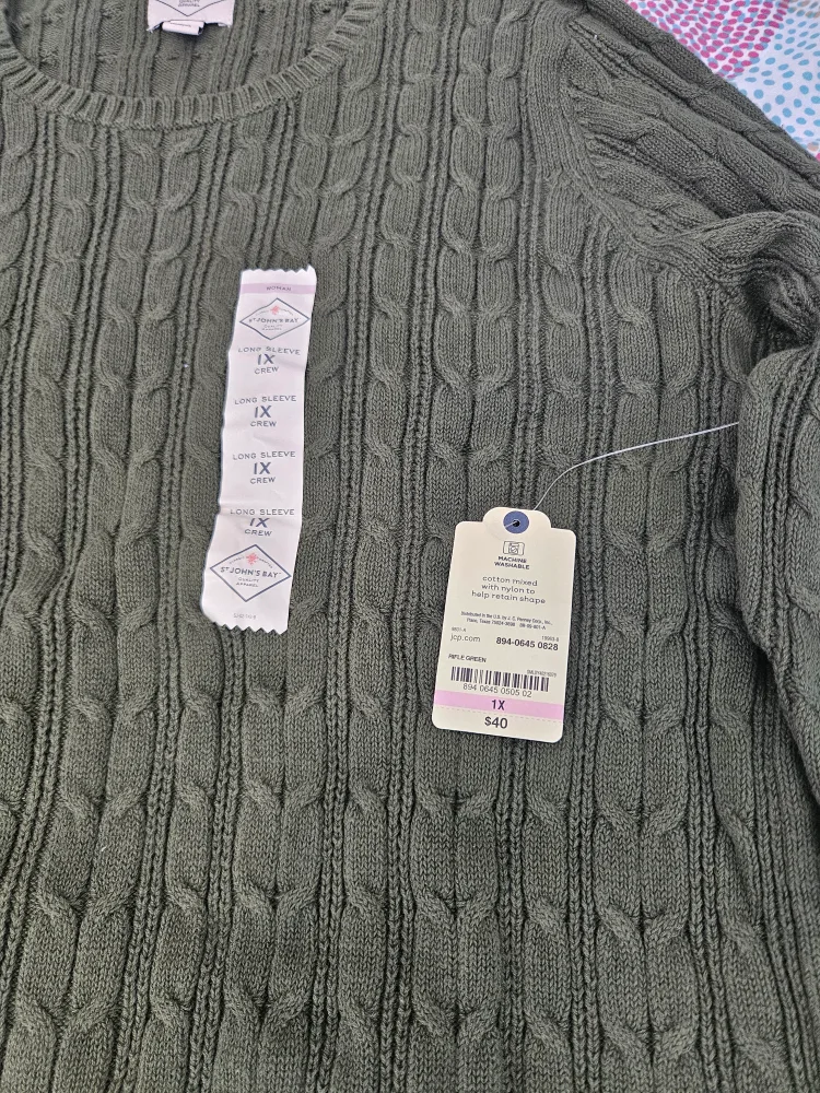 St. John's Bay 1X Cable Knit Sweater - Papyrus Green image indicator(2)