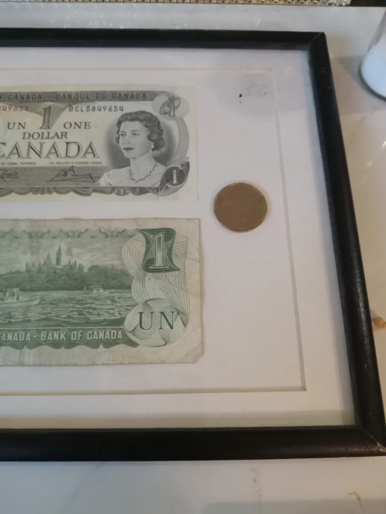 Framed Canadian One Dollar Bills & Coin image indicator(3)