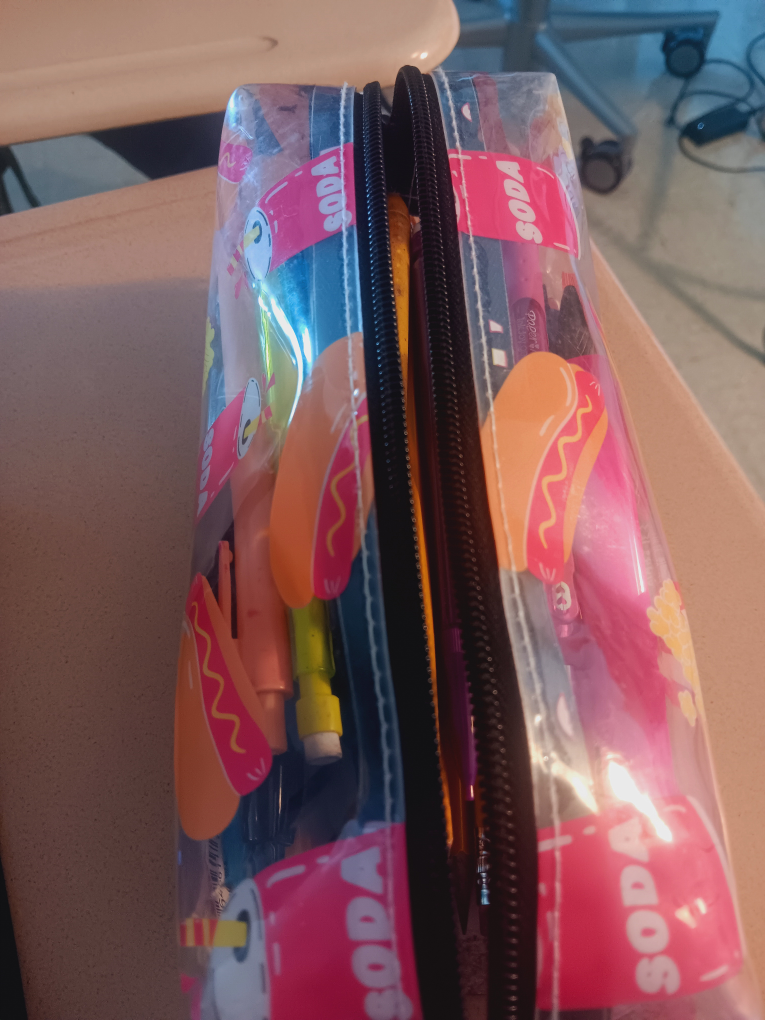 Pencil case with hotdog and soda design