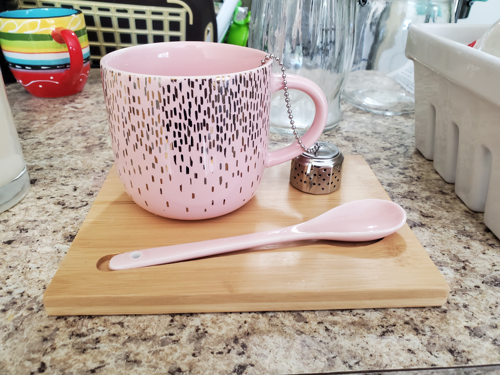 Indigo Pink Tea Mug set, with tray, infuser and spoon