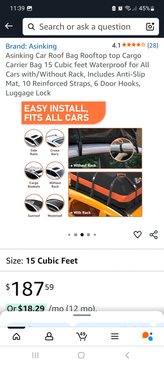 Asinking Car Roof Bag - 15 Cubic Feet brand new - photo 3