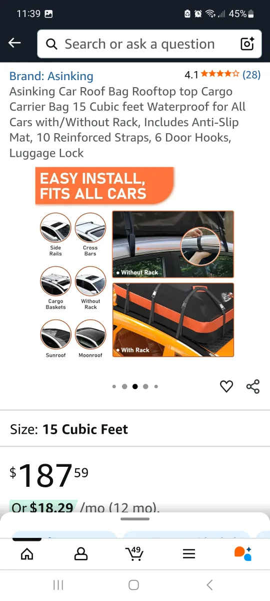 Asinking Car Roof Bag - 15 Cubic Feet brand new image indicator(3)