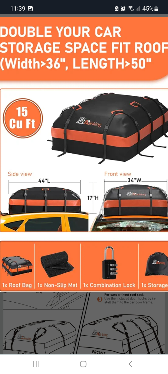 Asinking Car Roof Bag - 15 Cubic Feet brand new - photo 5