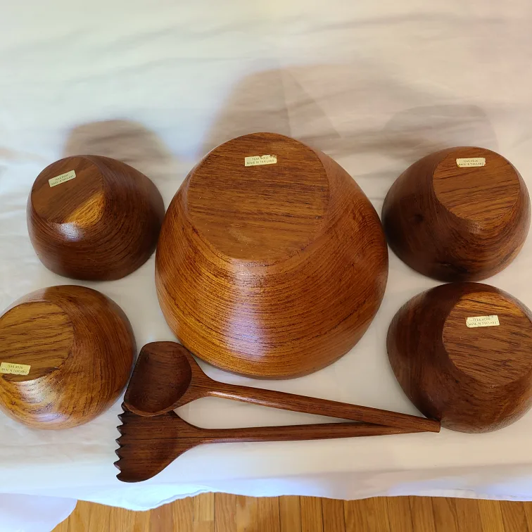 Vintage Teak Wood Salad Bowl Set thumbnail
