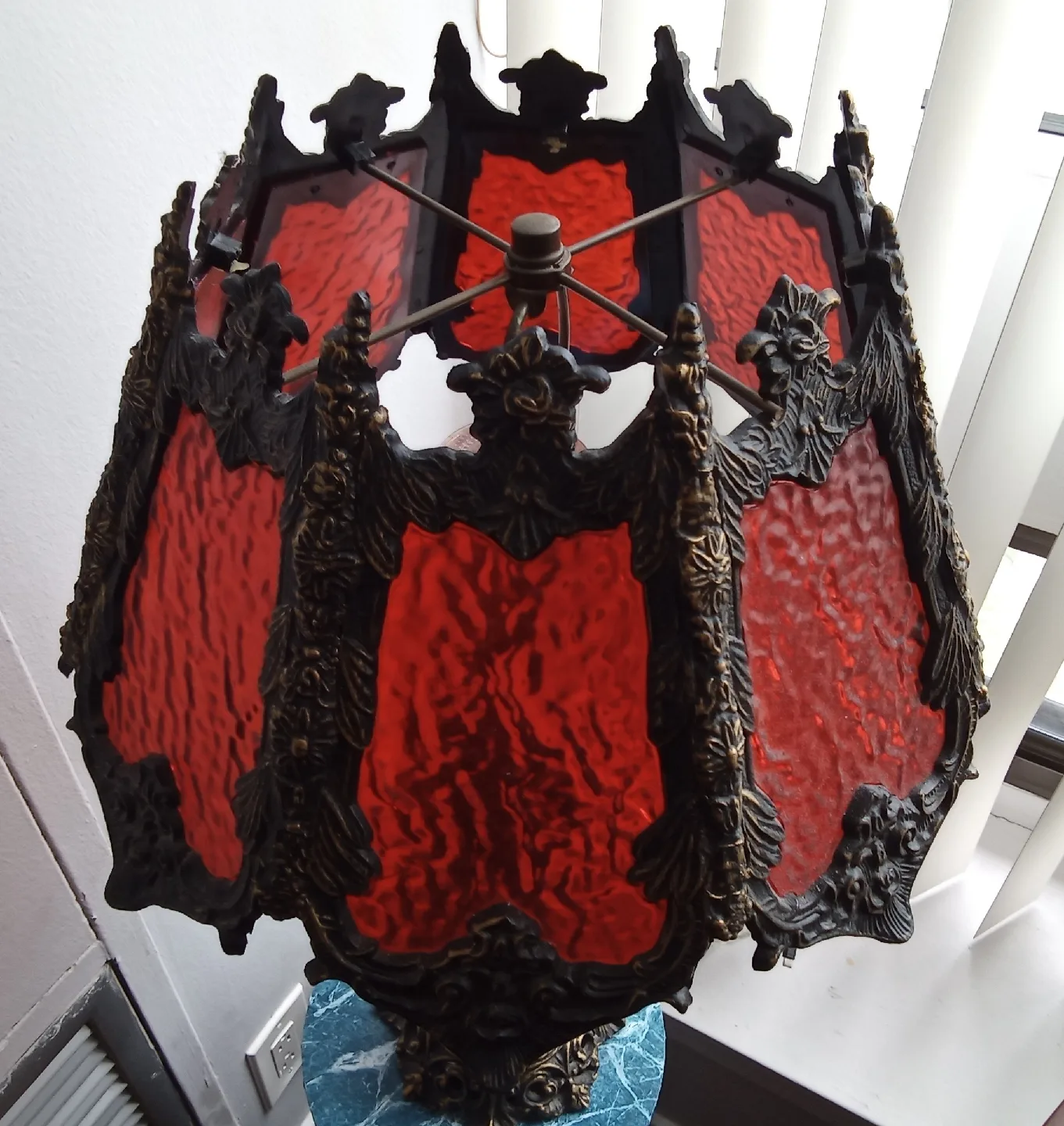 pair of Cherub Lamps with Red Stained Glass Shades