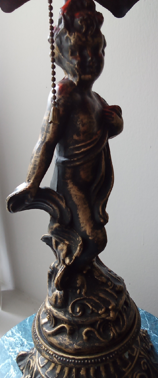 pair of Cherub Lamps with Red Stained Glass Shades - photo 5