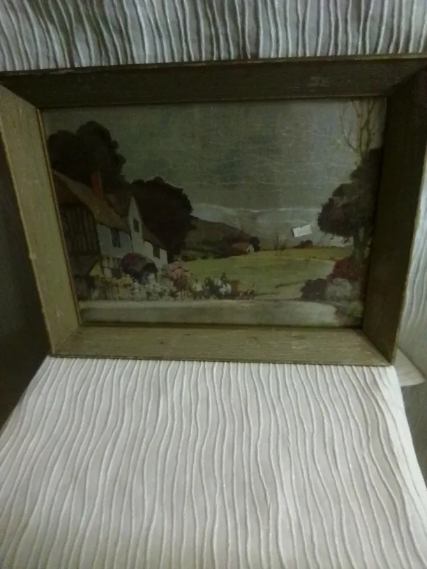 Vintage Framed Cottage Landscape Print thumbnail