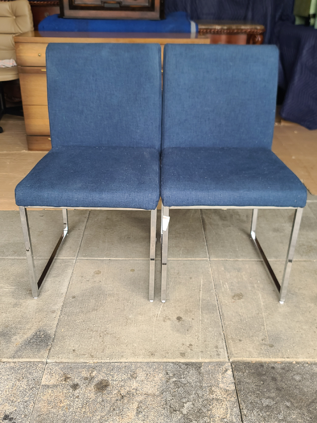 2 MODERN BLUE FABRIC WITH CHROME BASE ACCENT CHAIRS
