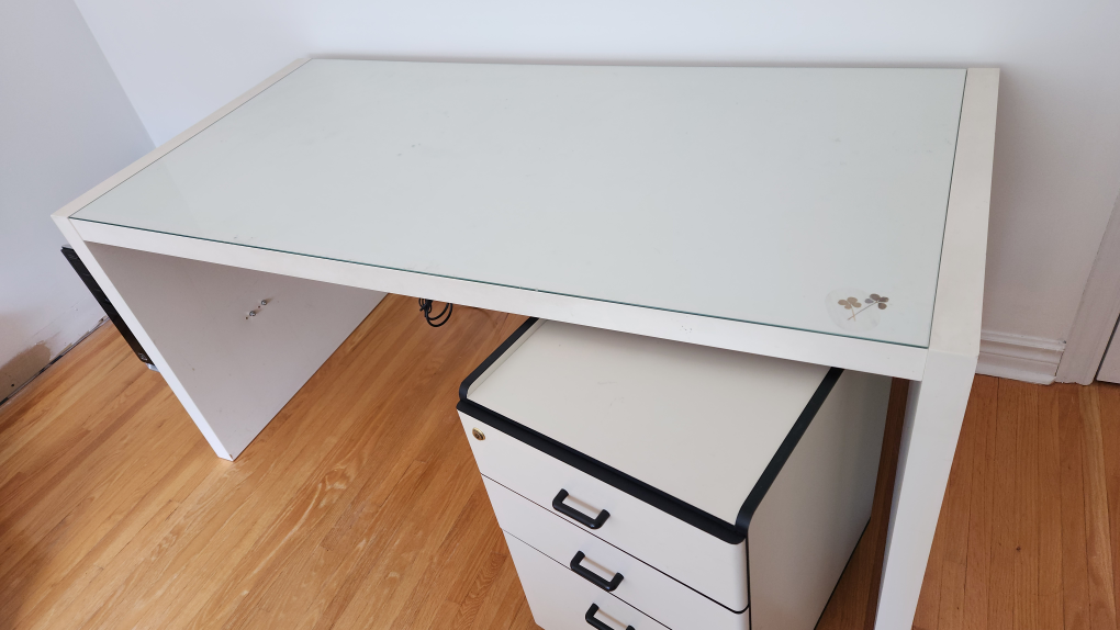 White Desk with Glass Top & Rolling File Cabinet - photo 2
