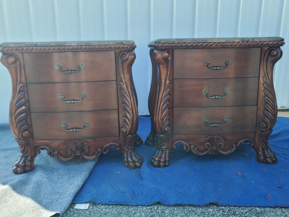 PAIR OF ASHLEY FURNITURE CARVED NIGHTSTANDS WITH MARBLE TOP