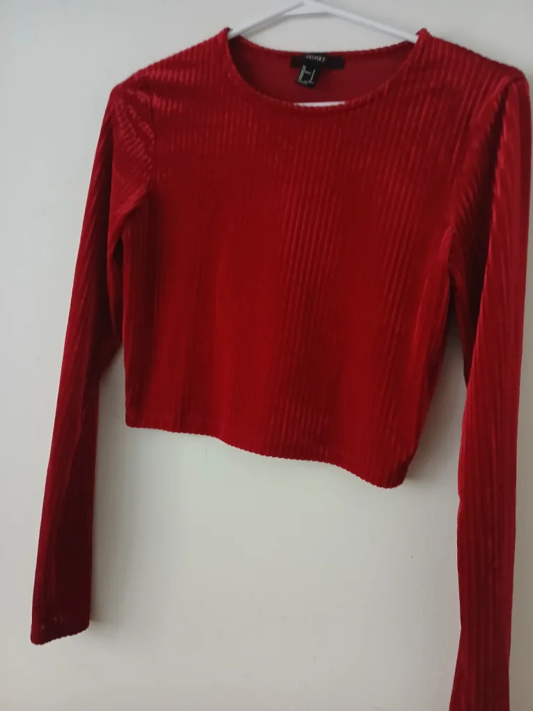 Forever 21 Red Velvet Long Sleeve Crop Top - Size S thumbnail
