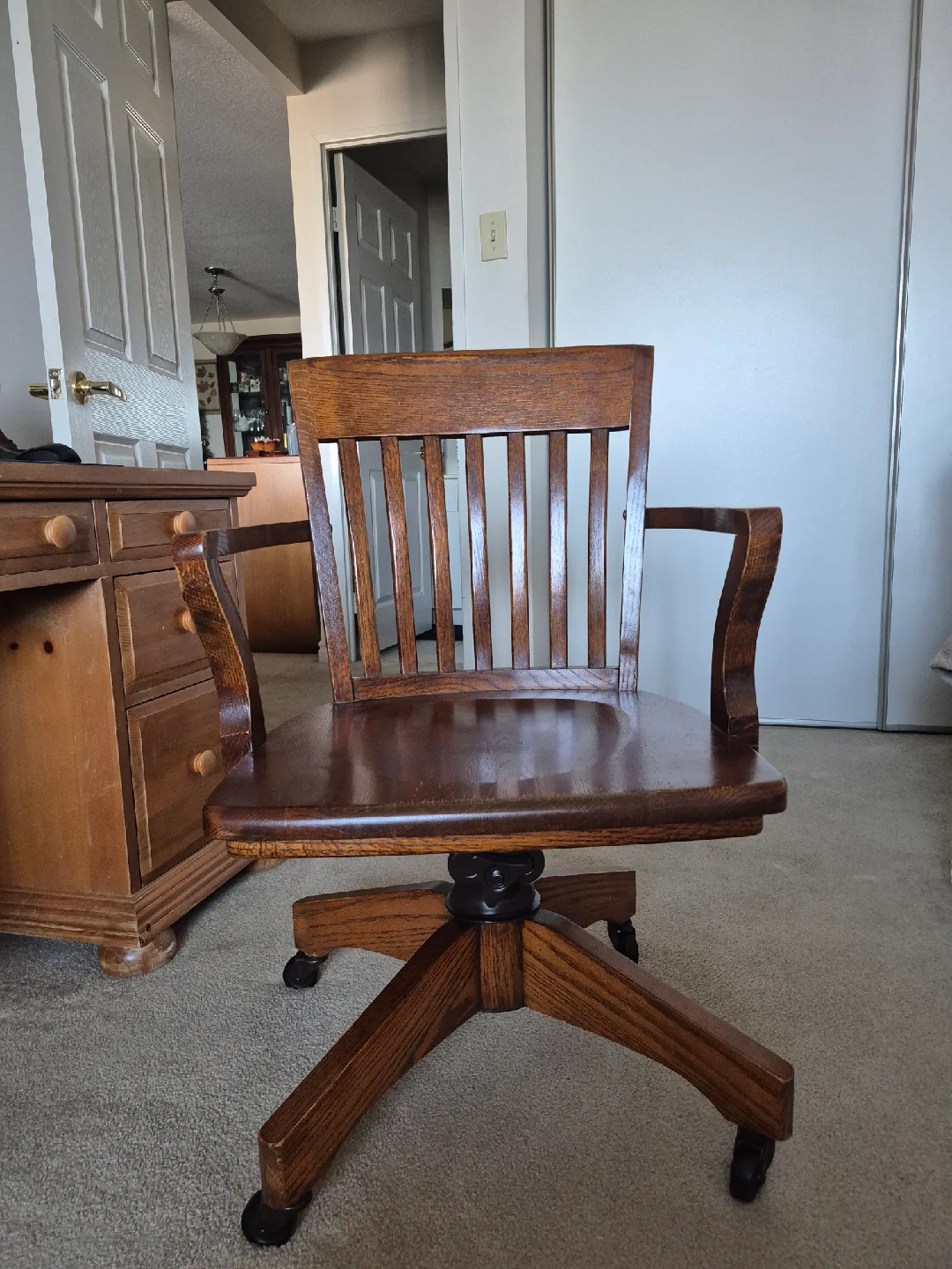 Vintage Wooden Bankers Chair with Cushion thumbnail