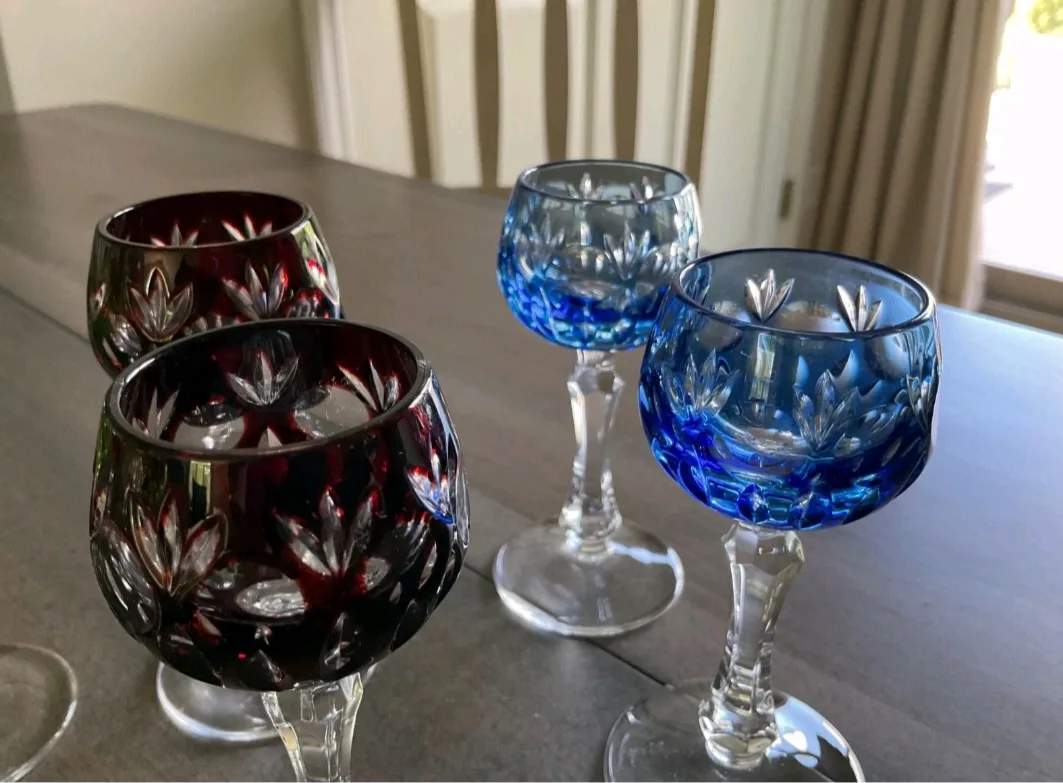 Vtg German Multi-colored set 8 , H 4" Crystal glasses image indicator(2)
