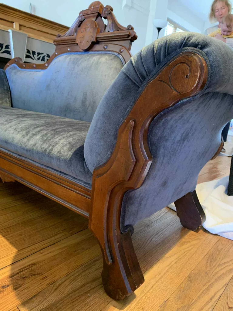 Antique blue velvet couch. Made in Toronto. image indicator(3)