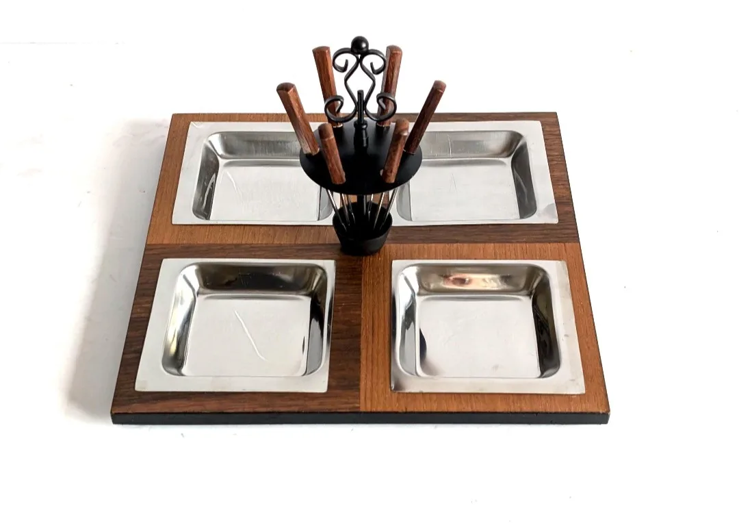 Vintage MCM Teak Style Cocktail Tray ~ Divided Relish Dish image indicator(3)