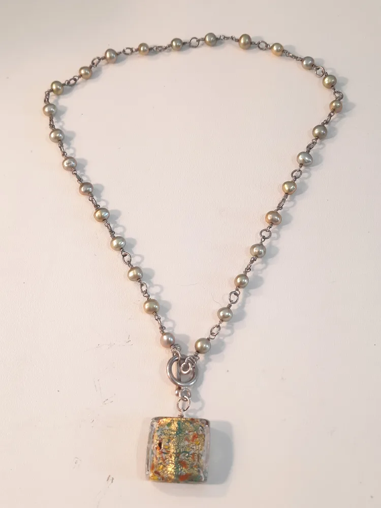 Handmade Pearl Necklace 925 silver closings with Glass Pendant image indicator(10)