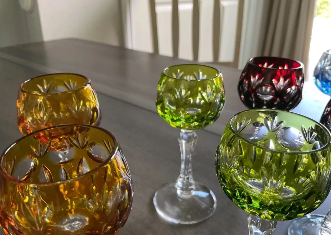 Vtg German Multi-colored set 8 , H 4" Crystal glasses image indicator(6)