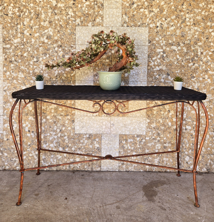 Vintage RattaVintage Rattan Console Table With Wrought Iron Base - photo 3
