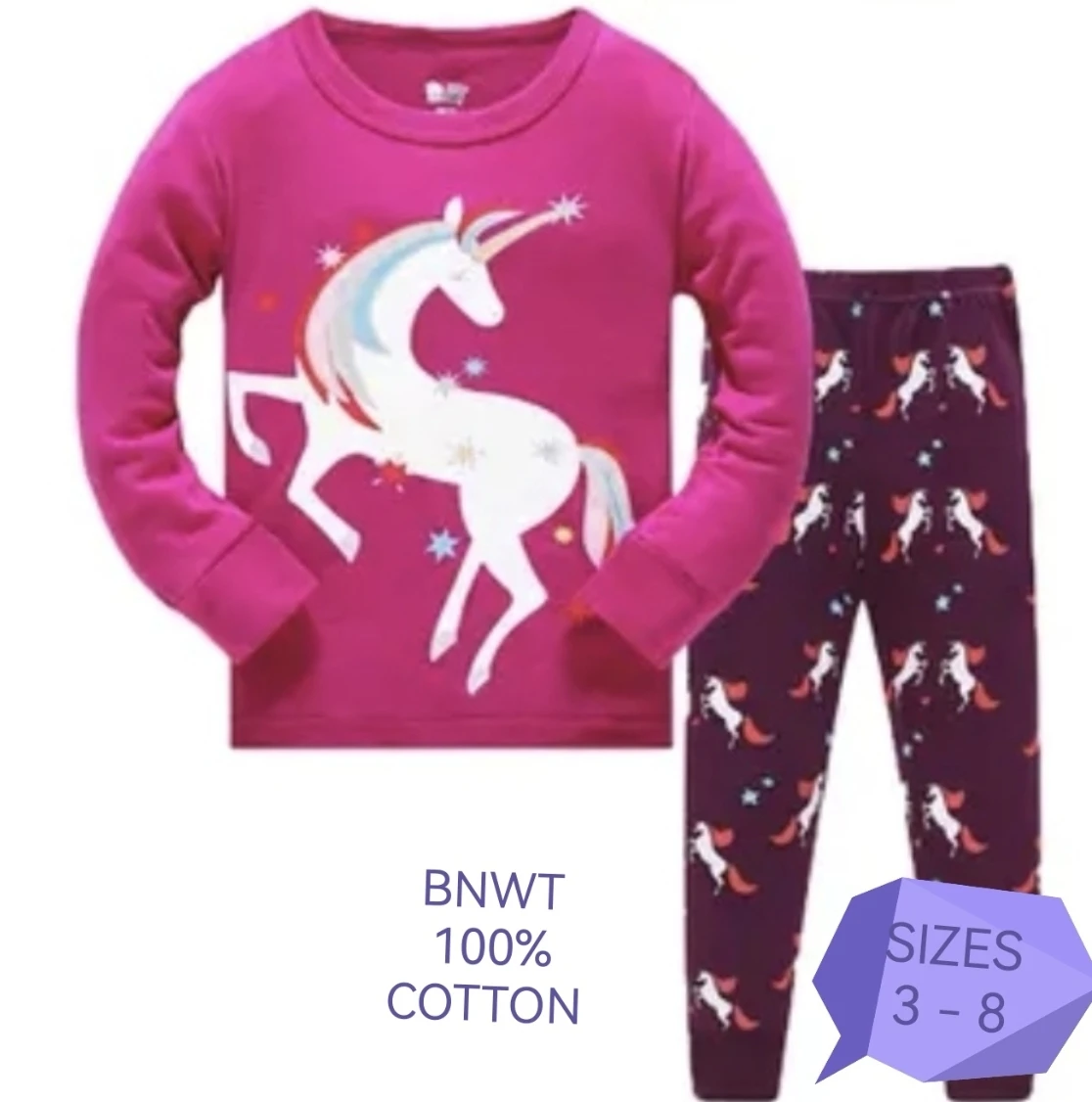 New Unicorn Cotton Pajama Set - Size 3-8 - photo 2
