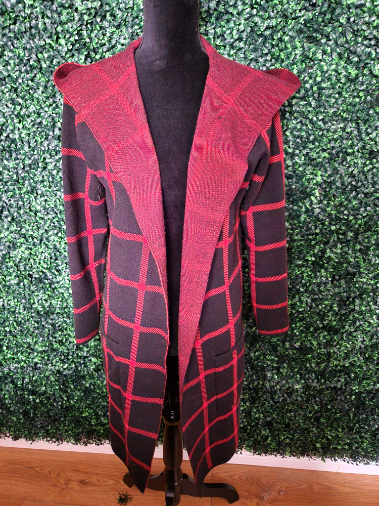 Hooded Plaid Cardigan - Red & Black
