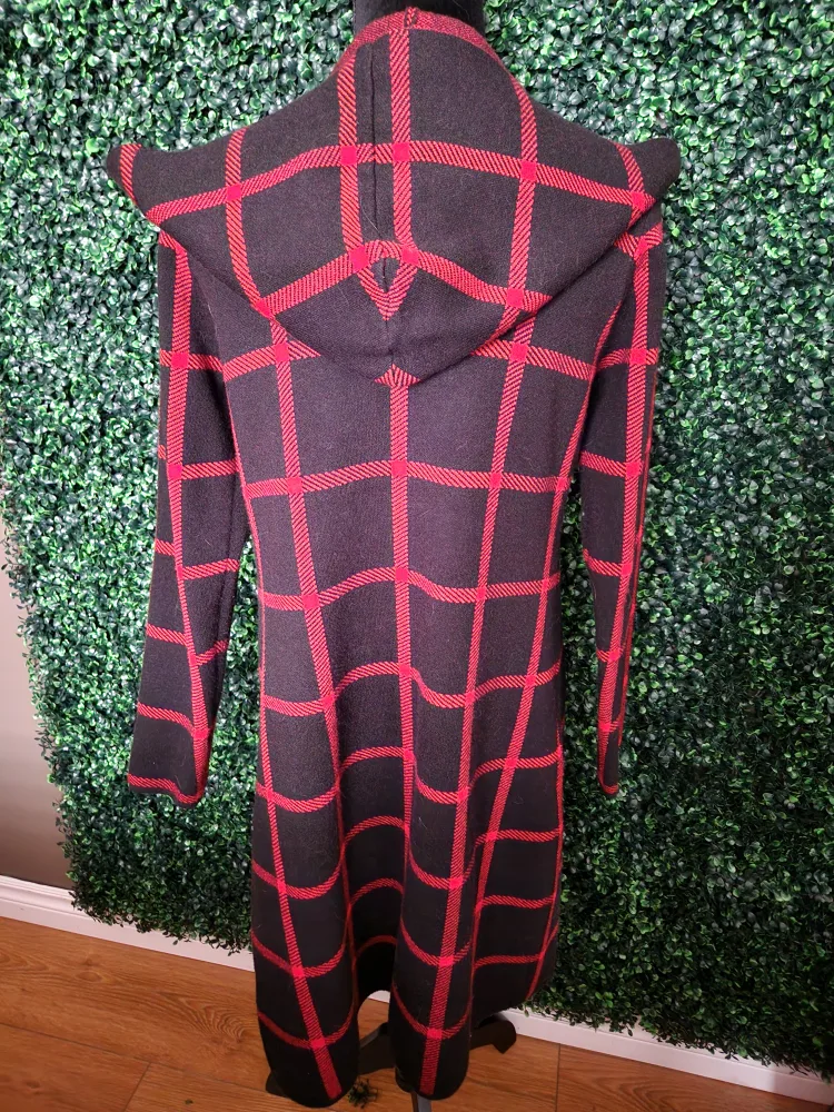 Hooded Plaid Cardigan - Red & Black image indicator(2)