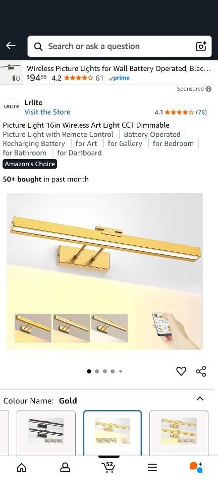 Lrlite 16in Wireless Art Light - Gold thumbnail