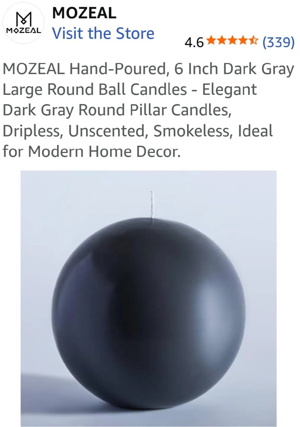 MOZEAL 6-inch Dark Gray Round Ball Candle thumbnail