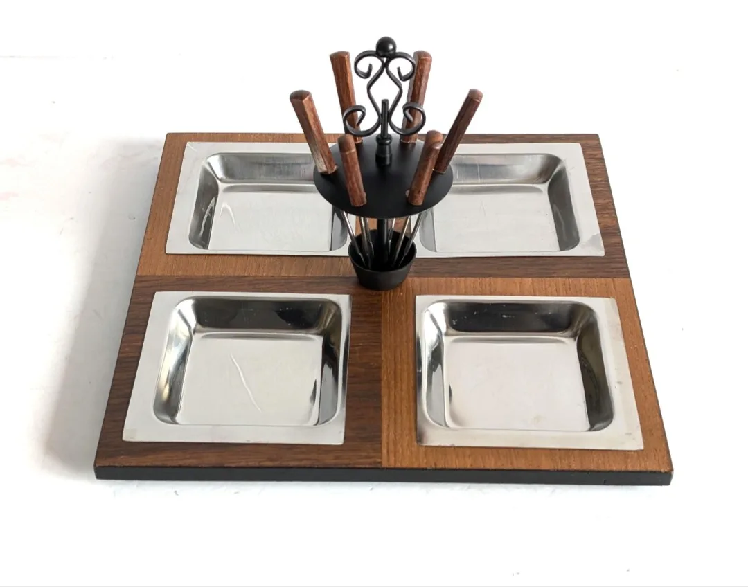 Vintage MCM Teak Style Cocktail Tray ~ Divided Relish Dish image indicator(7)