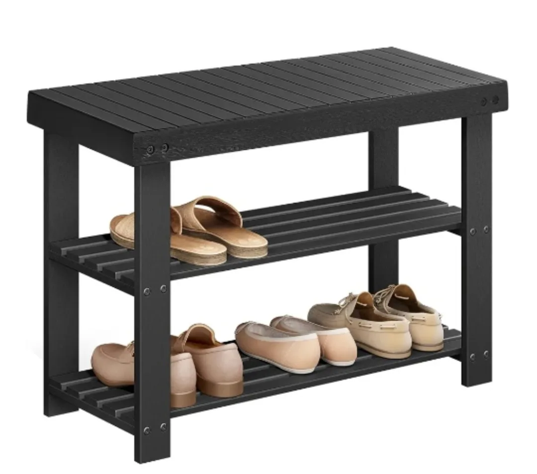 Black Wood 2-Tier Shoe Rack Bench thumbnail