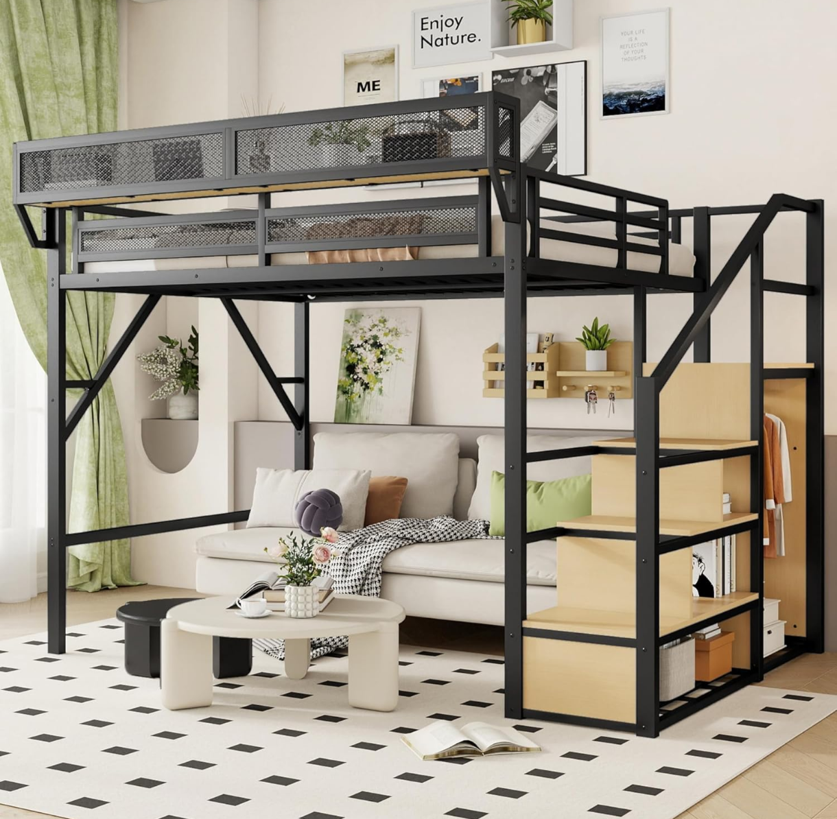 Queen Size Metal Loft Bed Frame with Shelves