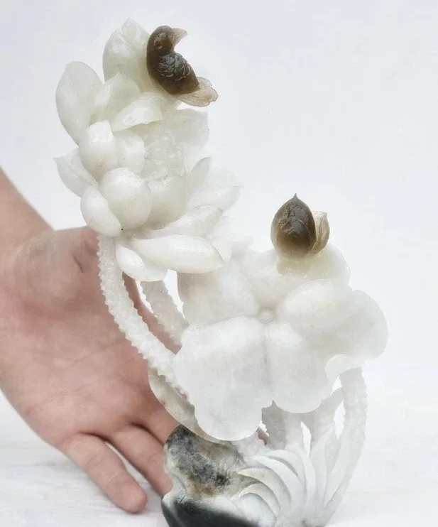 Delightful 8.4" Natural Dushan Jade Lotus Sculpture thumbnail
