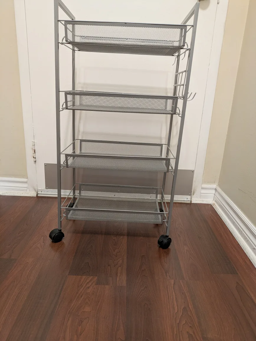 Grey Metal Rolling Cart with 4 Shelves and hooks image indicator(2)