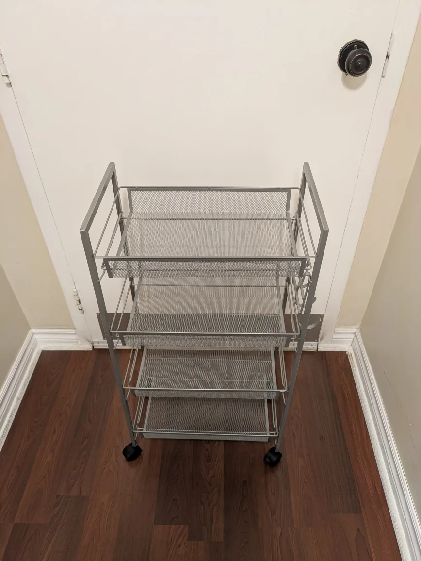 Grey Metal Rolling Cart with 4 Shelves and hooks thumbnail
