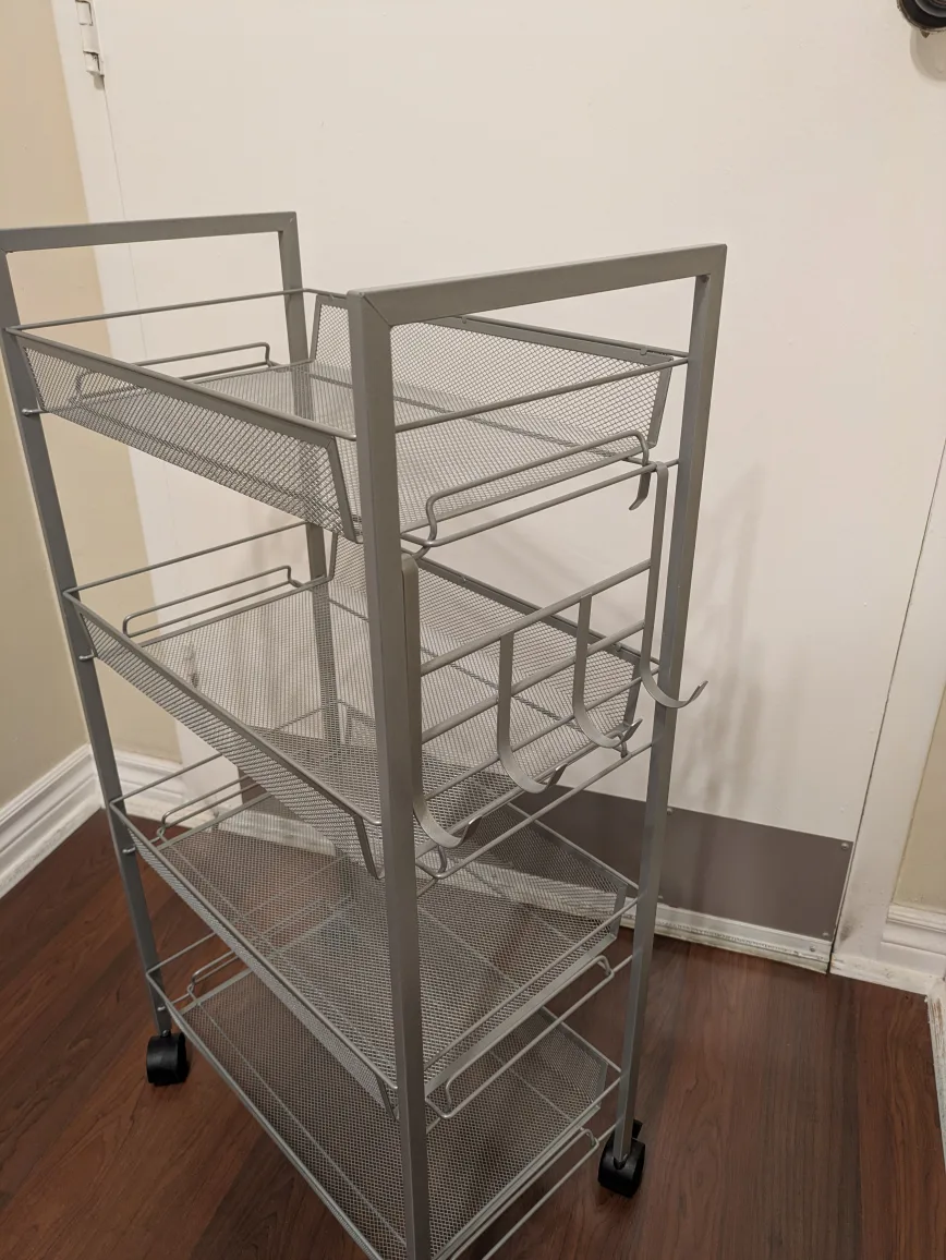 Grey Metal Rolling Cart with 4 Shelves and hooks image indicator(3)