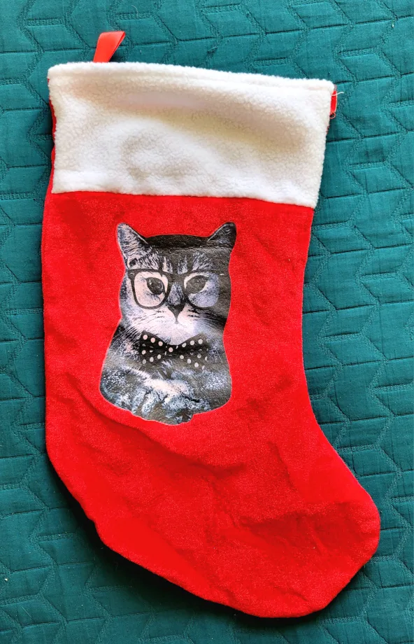 Red Christmas Stocking with Cat Design thumbnail