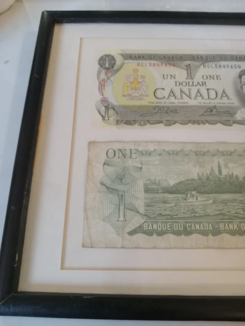 Framed Canadian One Dollar Bills & Coin image indicator(5)