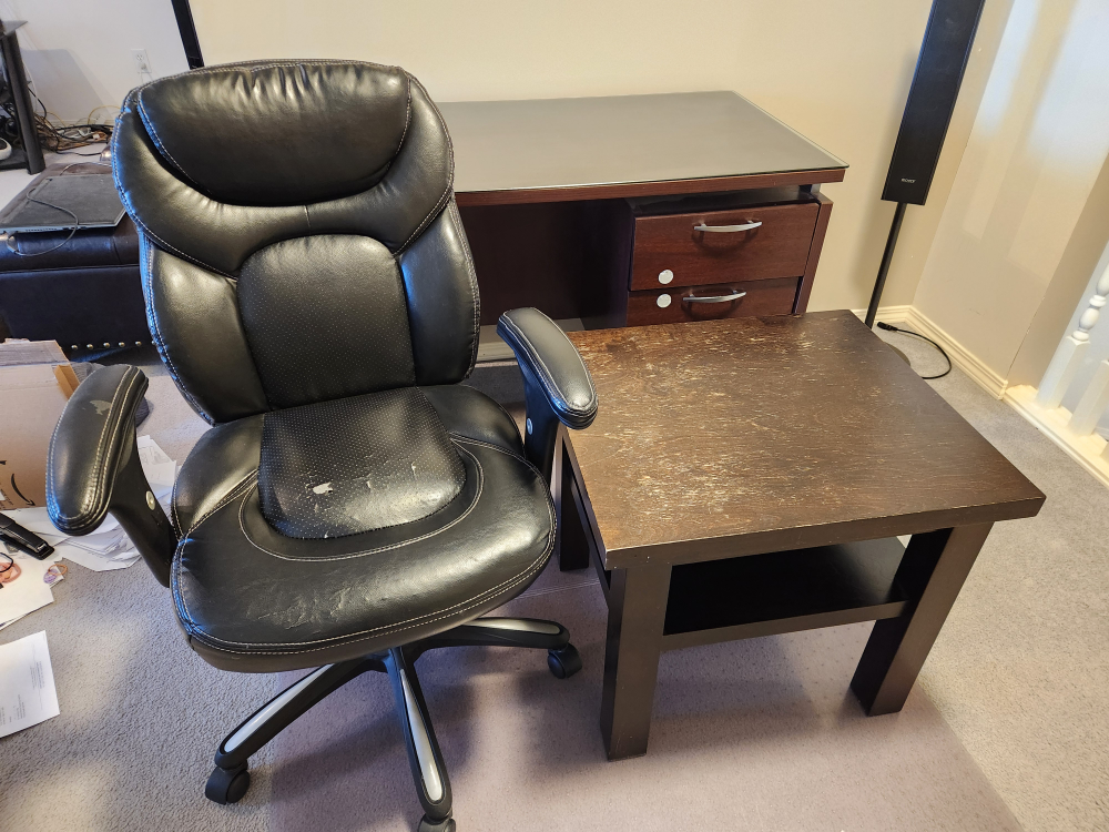 Used Black Office Chair, Side Table & Desk