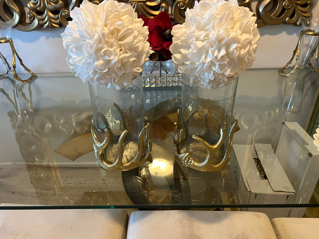 Floral Arrangement in Glass Vase with Gold Antler Base
