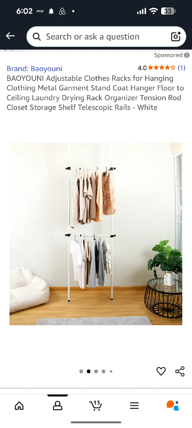 Floor to ceiling Adjustable Clothes Rack - White image indicator(2)
