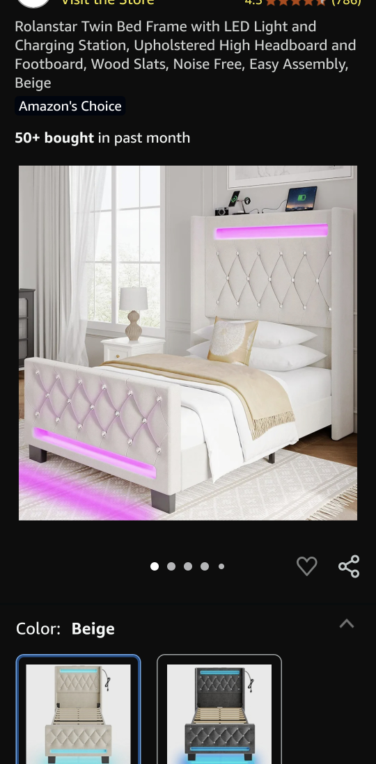 Rolanstar Twin Bed Frame with LED, Beige (New)
