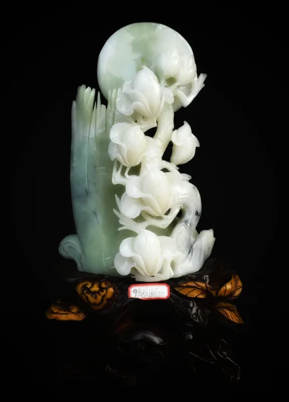 Bright 14.4" Chinese Natural White Xiu Jade Lotus Sculpture thumbnail